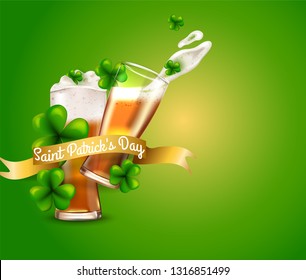 Design concept with two beer glasses and inscription St. Patrick's Day. Perfect for advertising, invitation, poster, greeting card, banner, celebration, restaurant and bar menu. Vector illustration.