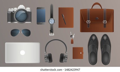 Design concept vector illustration of every day carry and outfit accessories, things, tools, devices, essentials, equipment, objects, items, digital devices. Man workspace. Vector illustration