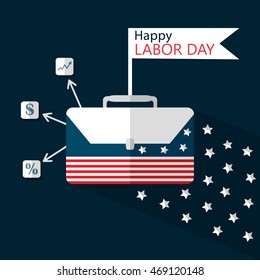 design concept, vector illustration, labor day, flat, blue background with stars, briefcase