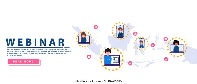 Design concept webinar with a map of Indonesia. internet conference. web based flat design concept seminar