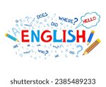 Design Concept Of Word ENGLISH Website Banner. English. Illustration for book, dictionary, vocabulary, speaking, reading, writing, listening skills. Education vector illustration