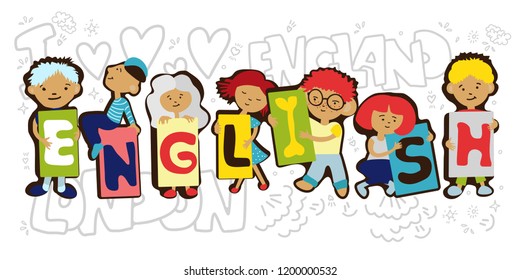 Design Concept Of Word ENGLISH Website Banner. Cartoon kids holding letters ENGLISH in one line. Vector cartoon illustration with kids and learning English concept isolated