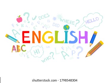 Design Concept Of Word ENGLISH Website Banner. English. Illustration for book, dictionary, vocabulary, speaking, reading, writing, listening skills. Education vector illustration
