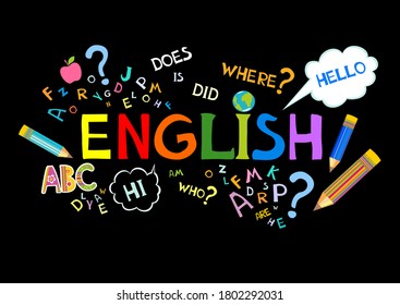 Design Concept Of Word ENGLISH Website Banner. English. Illustration for book, dictionary, vocabulary, speaking, reading, writing, listening skills. Education vector illustration