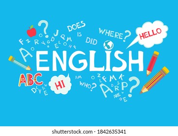 Design Concept Of Word ENGLISH Website Banner. English. Illustration for book, dictionary, vocabulary, speaking, reading, writing, listening skills. Education vector illustration