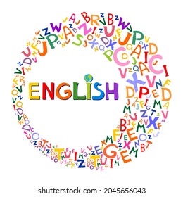 Design Concept Of Word ENGLISH Website Banner. English. Illustration for book, dictionary, vocabulary, speaking, reading, writing, listening skills. Education vector illustration