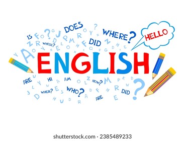 Design Concept Of Word ENGLISH Website Banner. English. Illustration for book, dictionary, vocabulary, speaking, reading, writing, listening skills. Education vector illustration