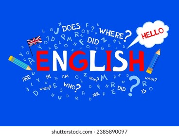 Design Concept Of Word ENGLISH Website Banner. English. Illustration for book, dictionary, vocabulary, speaking, reading, writing, listening skills. Education vector illustration