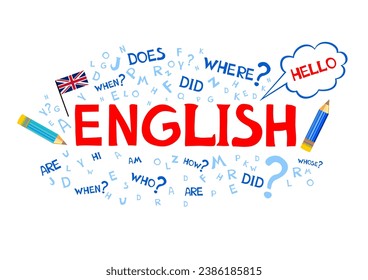 Design Concept Of Word ENGLISH Website Banner. English. Illustration for book, dictionary, vocabulary, speaking, reading, writing, listening skills. Education vector illustration