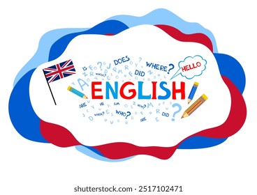 Design Concept Of Word ENGLISH Website Banner. English. Illustration for book, dictionary, vocabulary, speaking, reading, writing, listening skills. Education vector illustration