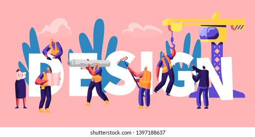 Design Concept with Workers Characters in Uniform Painting Walls, Glue Wallpaper, Creative Project Plan of Building Process with Crane Poster, Banner, Flyer, Brochure. Cartoon Flat Vector Illustration