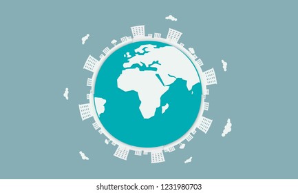 Design concept of world city vector illustration.Eco city concept.Urban city around the earth. Paper art and origami style design