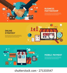 Design concepts for Business partnership, Online strategy, Mobile payment. Flat design concepts for web banners and printed materials and promotional materials.
