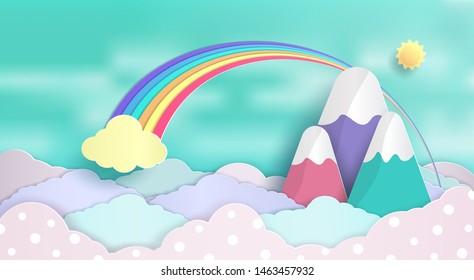 design of concepts and rainbows floating in the sky. and a beautiful pastel clouds. and And feel the refreshing nature and fresh air. and origami or paper cut style design.and background.