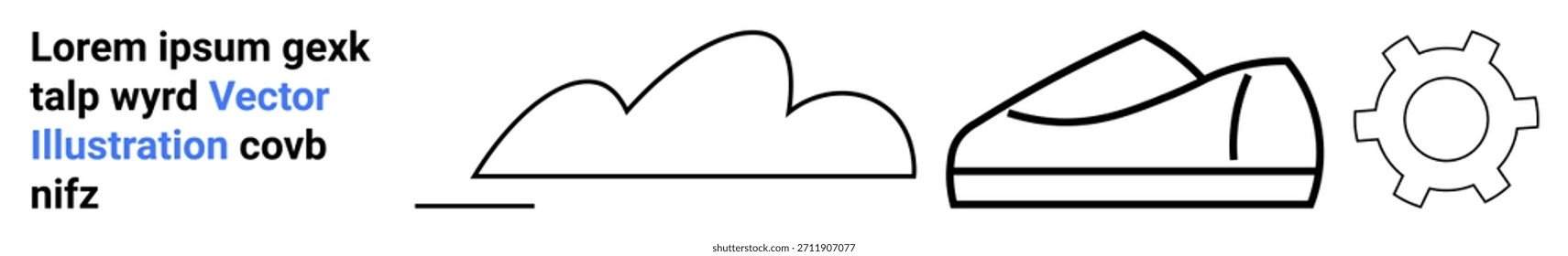 Conceptos de diseño, visualización UX, desarrollo de productos, branding, minimalismo, símbolos abstractos. Esquema negro de una nube, zapato y equipo con Elementos de texto. Conceptos de diseño e ideas de visualización UX