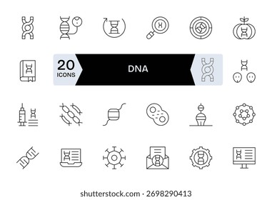 Projete com confiança usando 24 ícones de linha fina com temas em torno do Dna, com estilo unificado.