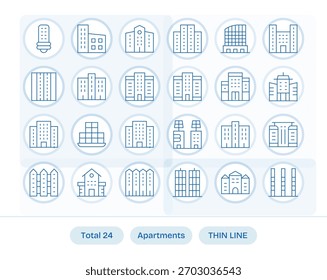 Design confidently using 24 Thin Line icons themed around Apartments, with unified styling.