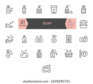 Projete com confiança usando 25 ícones de linha regular com temas em torno de sabão, com estilo unificado.