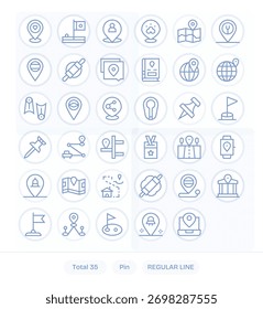 Diseña con confianza usando 35 iconos de línea regular temáticos alrededor de Pin, con estilo unificado.