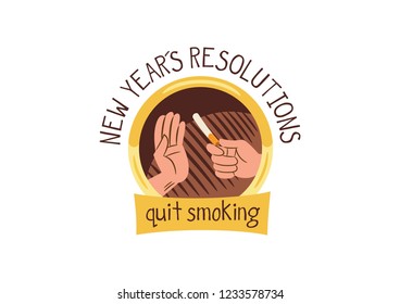 Design consisting of a vector illustration of a hand that rejects the cigarette offered by another, with a text that says: "New year´s resolutions", "quit smoking"