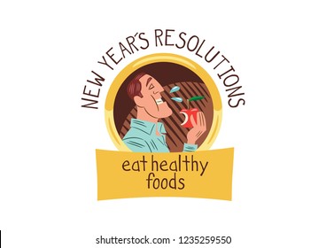 Design consisting of a vector illustration of a man eating an apple, with a text that says: "New year´s resolutions", "eat healthy foods"