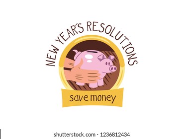 Design consisting of a vector illustration of some hands holding a piggy bank, with a text that says: "New year´s resolutions", "save money"