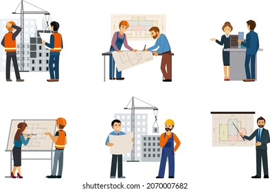 Design and construction of buildings set. Male and female characters draw building diagrams and manage works industrial projects and skyscrapers development of infrastructures. Vector cartoon architec