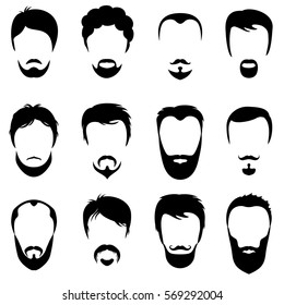 Design constructor with men vector silhouette shapes of haircuts. Fashion black beard and mustache illustration.