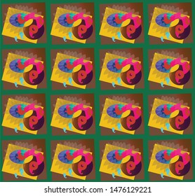 Design with continual repetition of the abstract composition of strong colors of geometric and amorphic shapes.