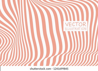 Design coral waving lines illusion background. Abstract stripe distortion backdrop. Zebra style decoration. Wallpaper with empty space for your text. Vector illustration