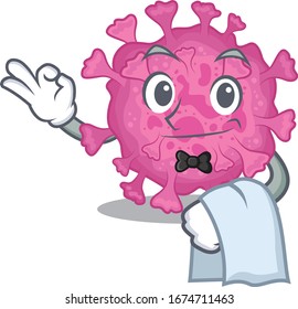 A design of corona virus organic cartoon character working as waiter