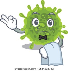 A design of coronavirus cartoon character working as waiter