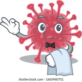A design of coronavirus disease cartoon character working as waiter