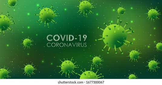 Design of a coronavirus outbreak with a viral cell in microscopic form. Vector illustration template on the topic of a dangerous SARS epidemic for an advertising banner or leaflet.