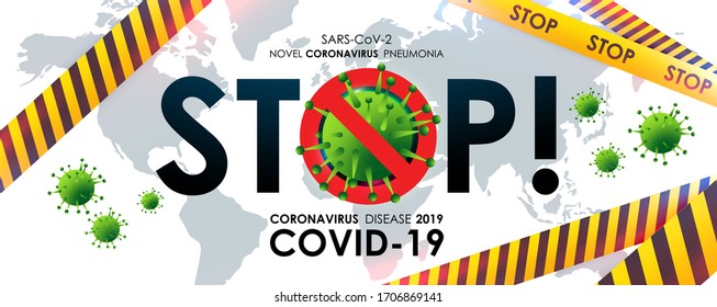 Design of a coronavirus outbreak with a viral cell in microscopic form. Vector illustration template on the topic of a dangerous SARS epidemic for an advertising banner or leaflet.
