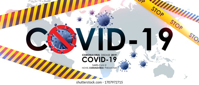 Design of a coronavirus outbreak with a viral cell in microscopic form. Vector illustration template on the topic of a dangerous SARS epidemic for an advertising banner or leaflet.