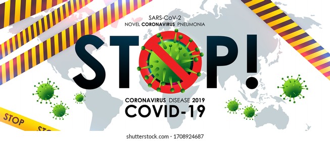 Design of a coronavirus outbreak with a viral cell in microscopic form. Vector illustration template on the topic of a dangerous SARS epidemic for an advertising banner or leaflet.