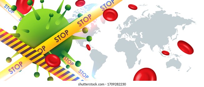 Design of a coronavirus outbreak with a viral cell in microscopic form. Vector illustration template on the topic of a dangerous SARS epidemic for an advertising banner or leaflet.