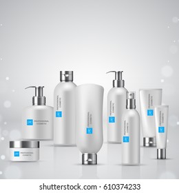 Design of cosmetic package on abstract background, realistic vector illustration, package template