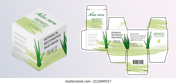 Design of the cosmetic packaging template. Cut. Cosmetic cream mask with aloe vera in a closed box. Realistic 3D model.