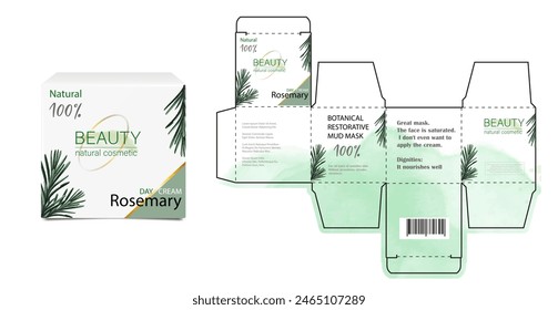 Design of the cosmetic packaging template. Cut. Cosmetic cream mask with rosemary in a closed box. Realistic 3D model.