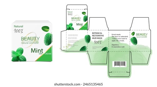 Design of the cosmetic packaging template. Cut. Cosmetic cream mask with Mint in a closed box. Realistic 3D model.