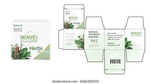 Design of the cosmetic packaging template. Cut. Cosmetic cream mask with Herbs in a closed box. Realistic 3D model.