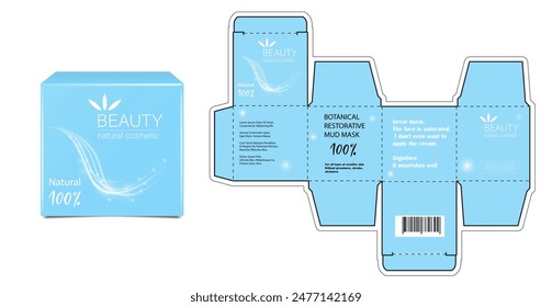 Design of the cosmetic packaging template. Cut. Cosmetic cream mask in a closed box. Realistic 3D model.