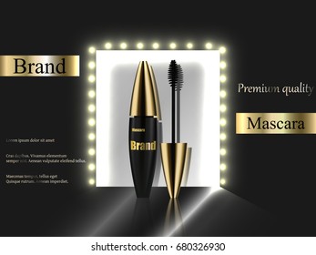 The design of cosmetics, black mascara with a gold cap and lights on a dark background near the mirror reflection, luxury, quality, premium, realistic 3D vector, advertisement, banner, 