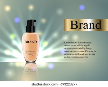 The design of cosmetics, Foundation cream in a gentle light background with bright highlights, promotional products, banner, catalog, 3D vector realistic