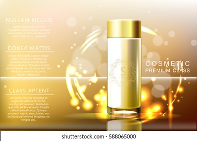 Design cosmetics Glass bottle product advertising. On transparent boke background. Vector 3d illustration