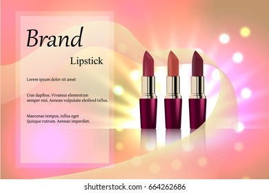 Design cosmetics lipstick with different delicate hues on a gentle background with light rays and bright spots. Brand, advertising, banner, directory. 3D vector realistic