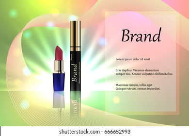 Design cosmetics lipstick with different delicate hues on a gentle background with light rays and bright spots. Brand, advertising, banner, directory. 3D vector realistic