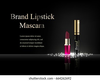 Design cosmetics lipstick and mascara on a dark background with light rays and bright spots. Brand, advertising, banner, directory. 3D vector realistic
